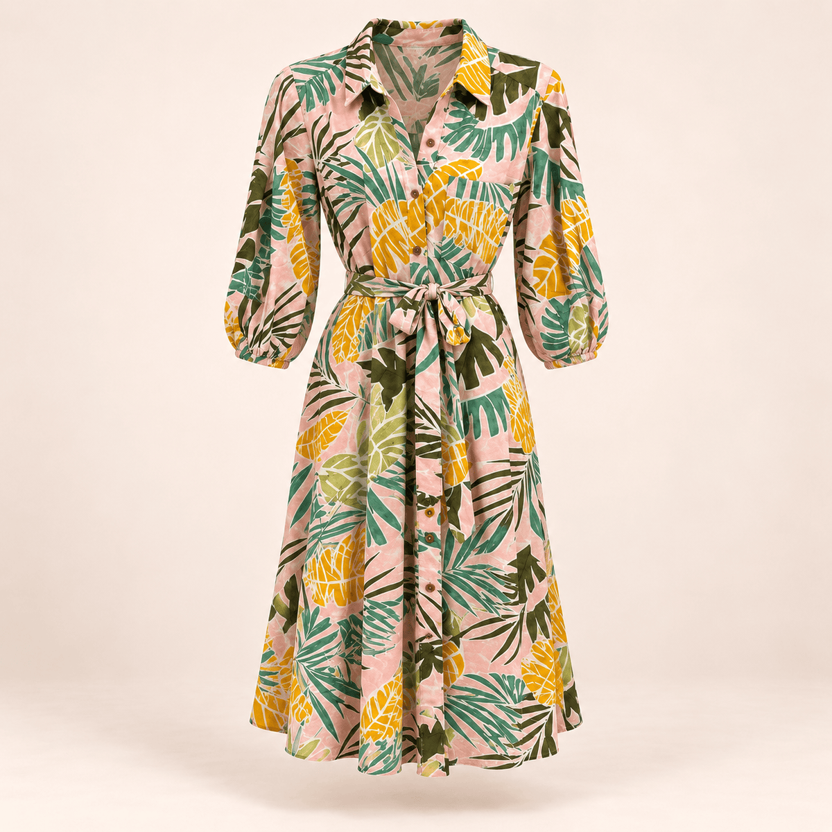 Pink Multi Color Tropical Leaf Midi Shirt Dress