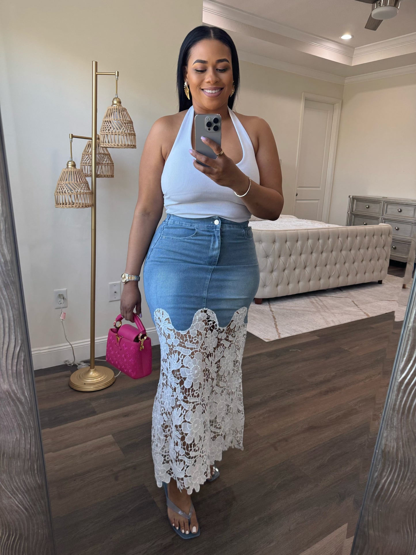 Lace Bottom Denim Skirt