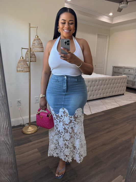 Lace Bottom Denim Skirt