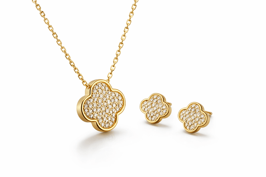 Gold Pavé Clover Necklace & Earring Set