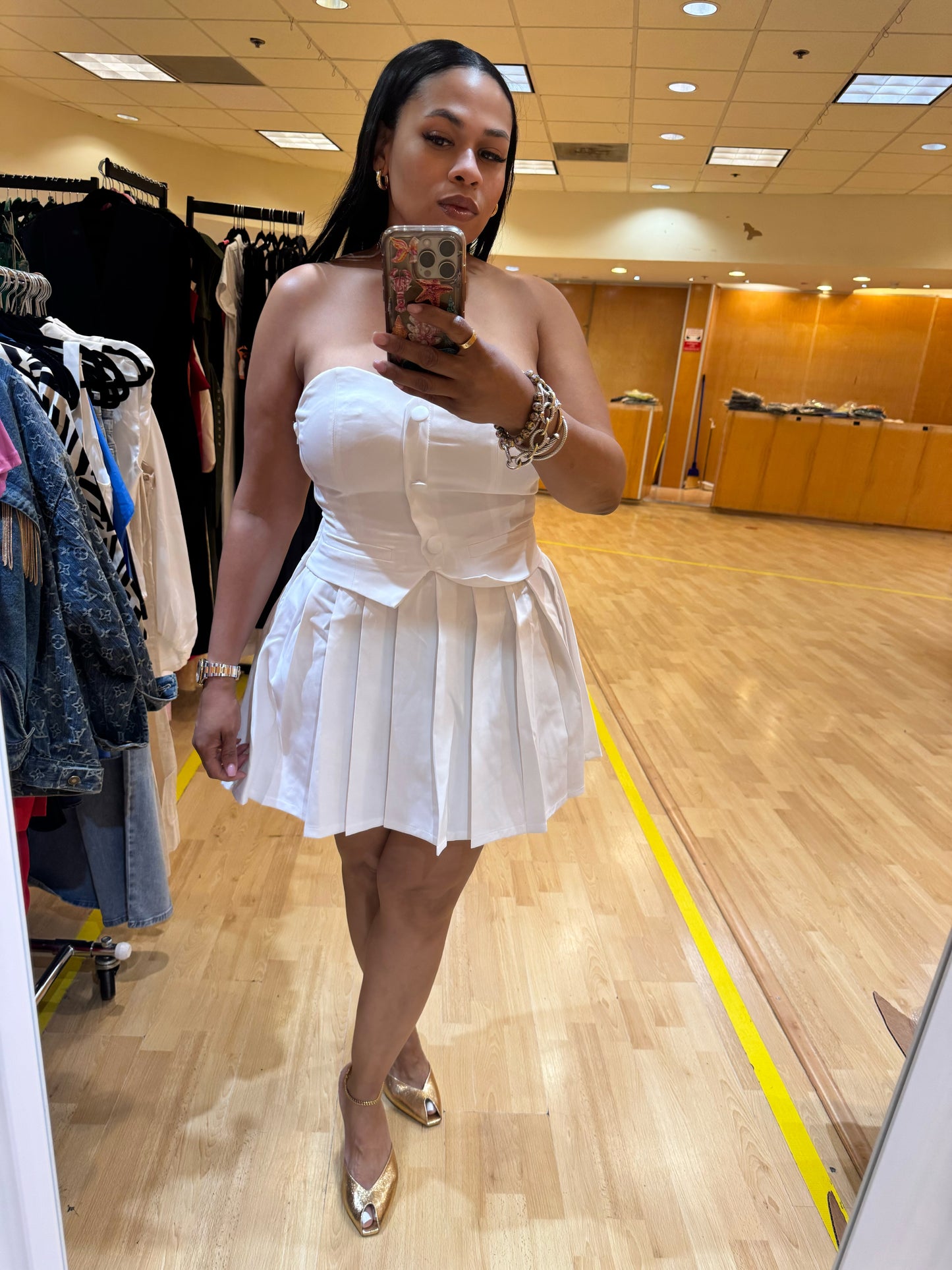 Pleated Vest Top Mini Dress (White)