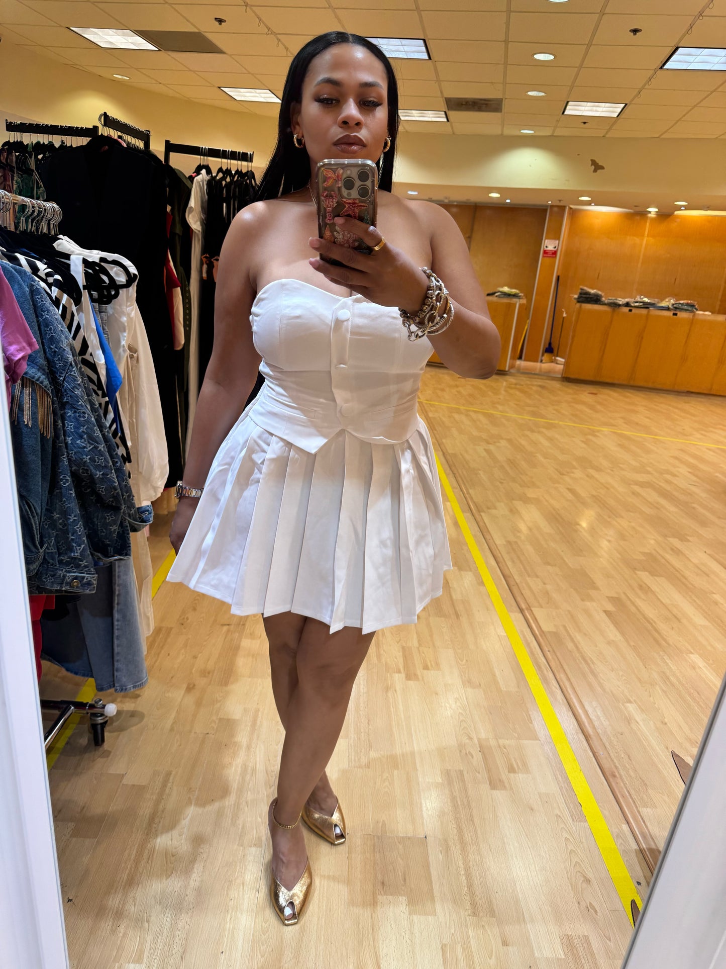 Pleated Vest Top Mini Dress (White)