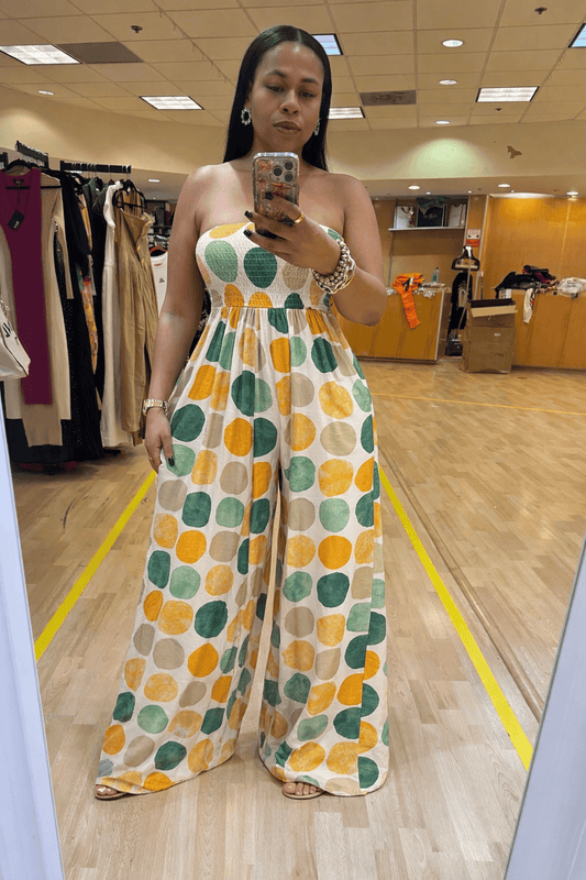 MULTI POLKADOT TUBE SMOCKED WIDE LEG JUMPSUIT