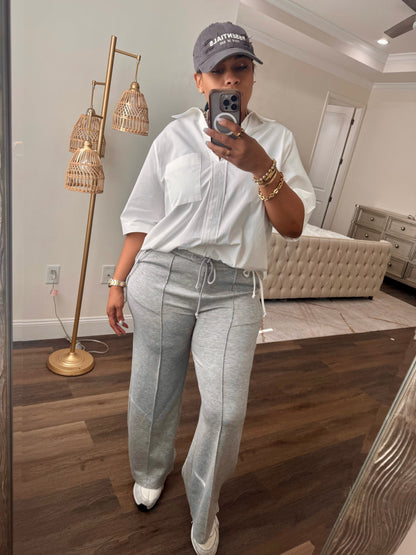 Wide Leg Drawstring Washed Sweatpants (Heather Grey)