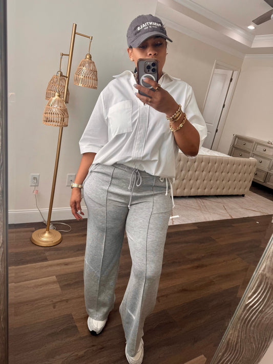 Wide Leg Drawstring Washed Sweatpants (Heather Grey)