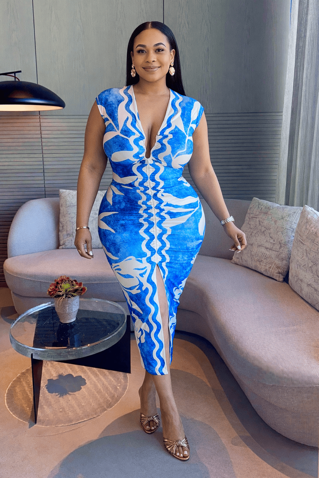 Deep V Neckline Printed Dress (Blue)