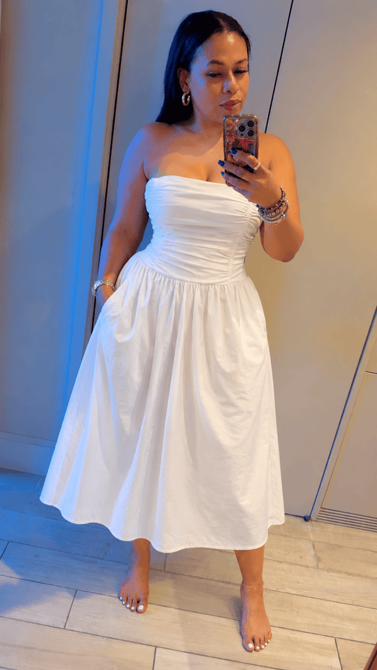 Ruched Midi Dress (White)