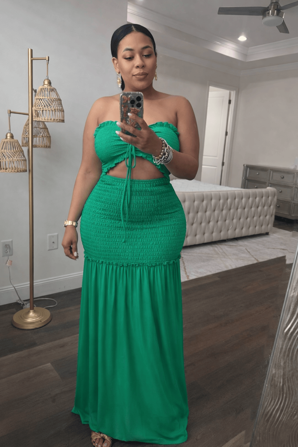 SMOCKED RUFFLE TIERED DRESS (Green)