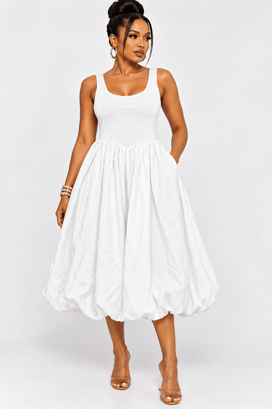 White Bubble Hem Sleeveless Midi Dress