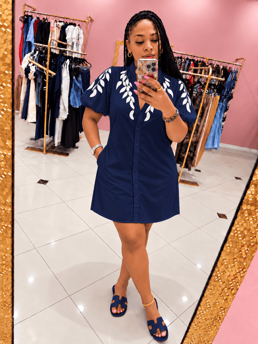 Coastal Charm Embroidered Shirt Dress (Navy)
