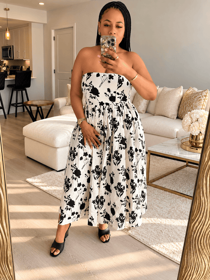 Tube Tulle Flower Print Dress (Black & White)