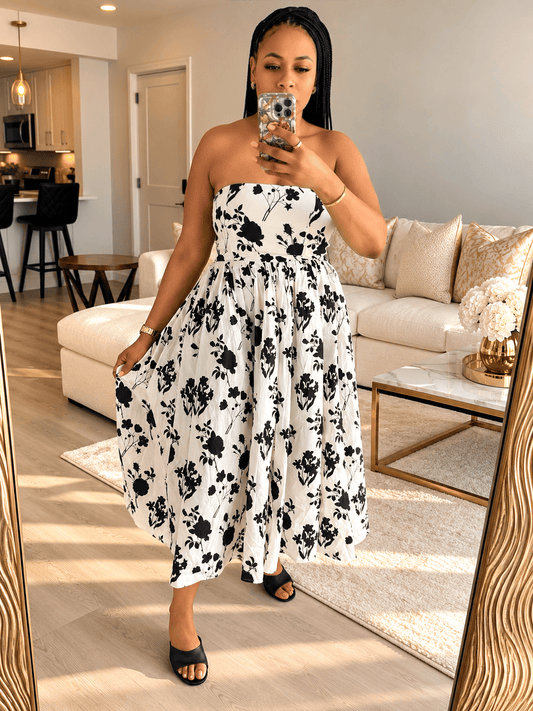 Tube Tulle Flower Print Dress (Black & White)