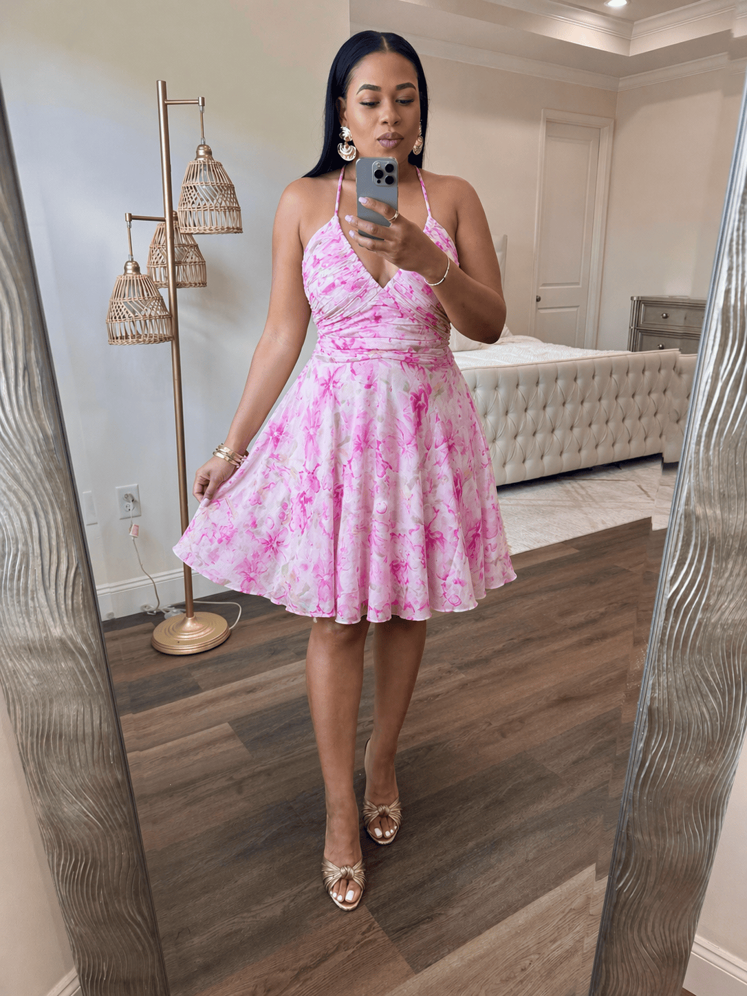 Floral lace up back mini dress (Pink)