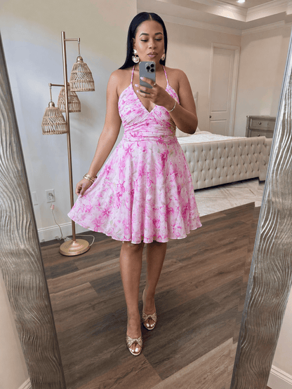 Floral lace up back mini dress (Pink)