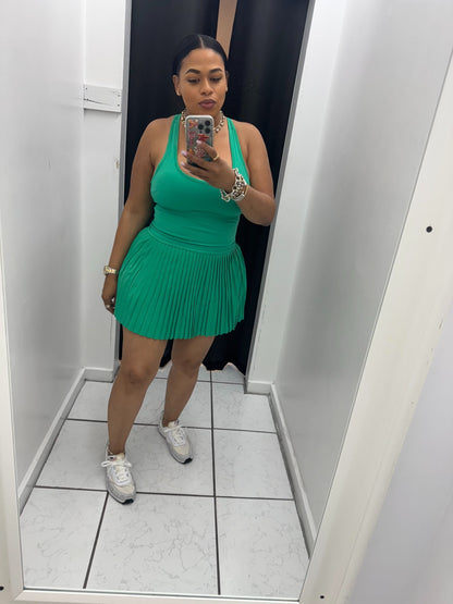 Women's Lux Racer Back Mini Pleated Tennis Dress with Cups (Emerald Green)