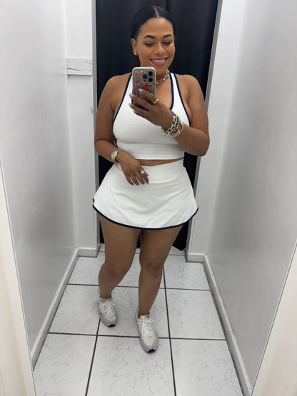 Women's Racerback Tank and Crossover Skort Set (White & Navy Trim)
