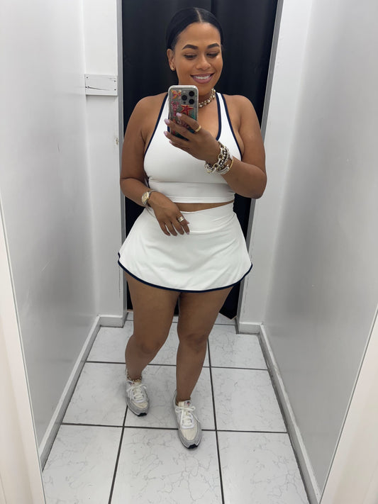 Women's Racerback Tank and Crossover Skort Set (White & Navy Trim)