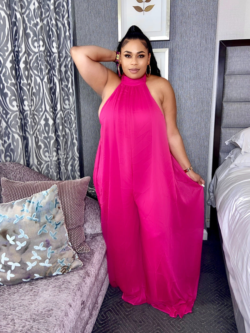 Halter Backless Chiffon Flowing Jumpsuit "Fuchsia”