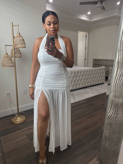 RUCHED MESH HALTER DRESS (White)