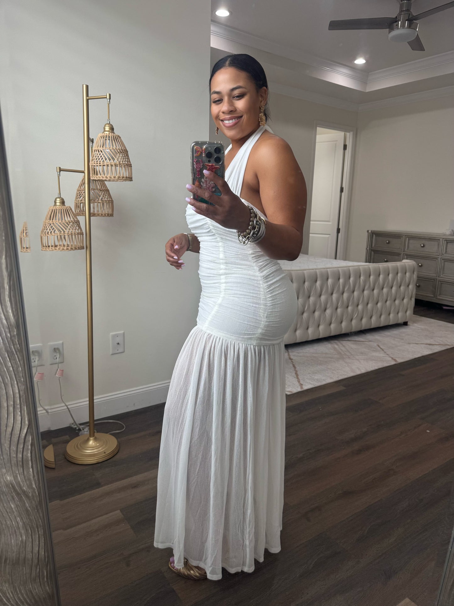 RUCHED MESH HALTER DRESS (White)