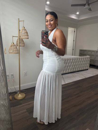 RUCHED MESH HALTER DRESS (White)