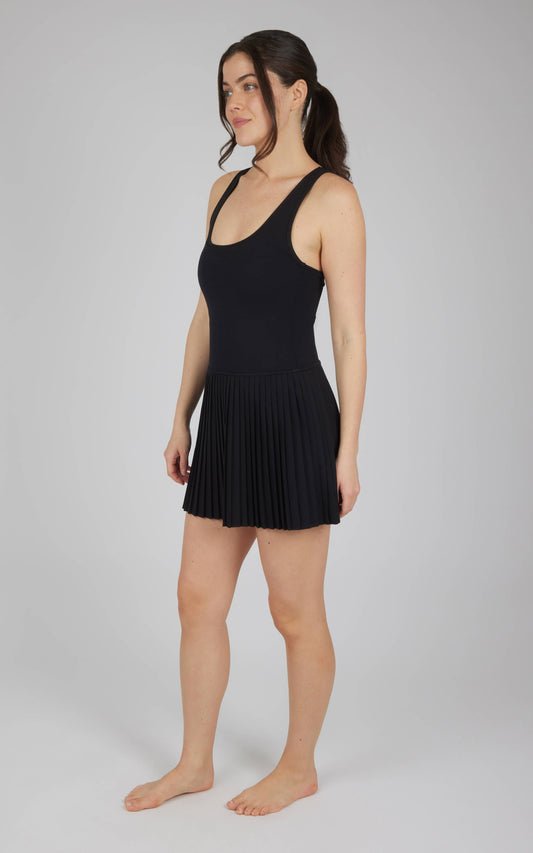 Women's Lux Racer Back Mini Pleated Tennis Dress with Cups (Black)