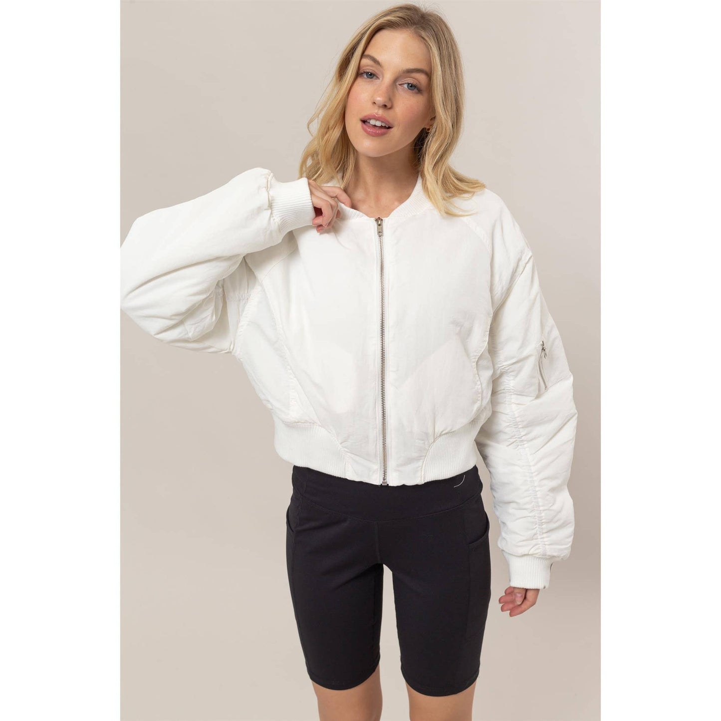 Ruched Bomber Puffer Jacket