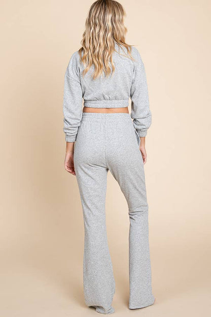 CROP ZIPPER FRONT BELL BOTTOMS CASUAL SET (HEATHER GREY)
