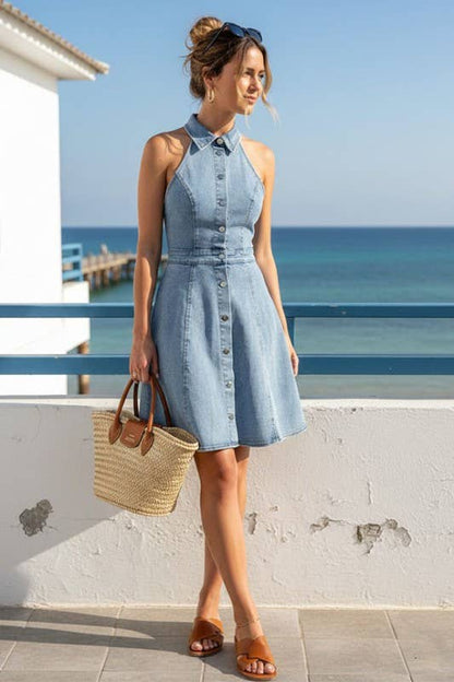 Stretchy Denim Button-Front Dress