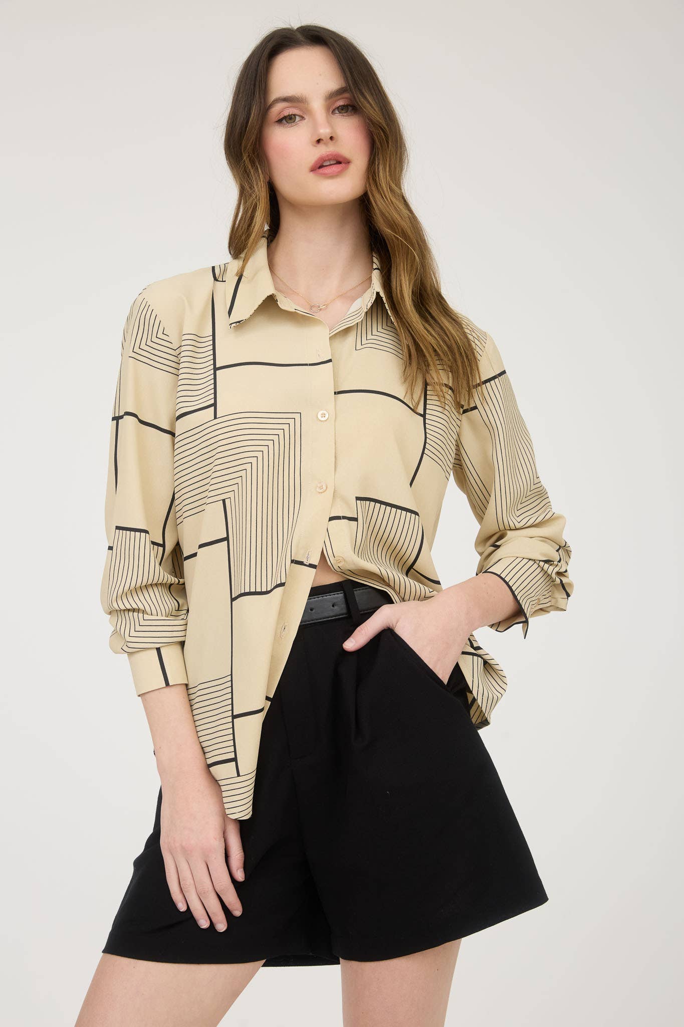 GEO PATTERN COLLARED LONG SLEEVE BUTTON DOWN SHIRT