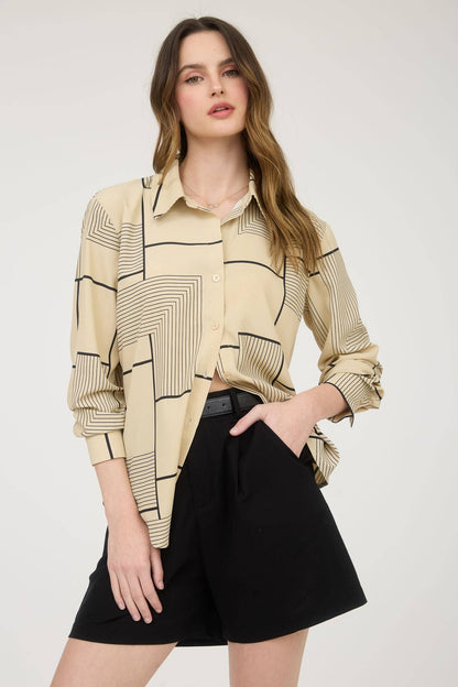 GEO PATTERN COLLARED LONG SLEEVE BUTTON DOWN SHIRT