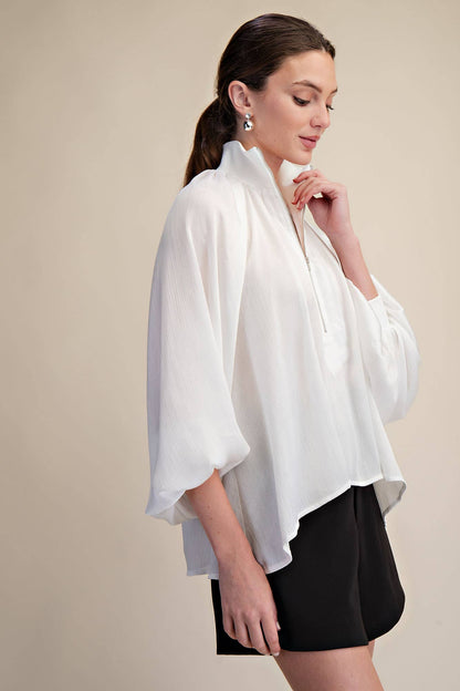 Mock Neck Band Long Sleeve Blouse (White)