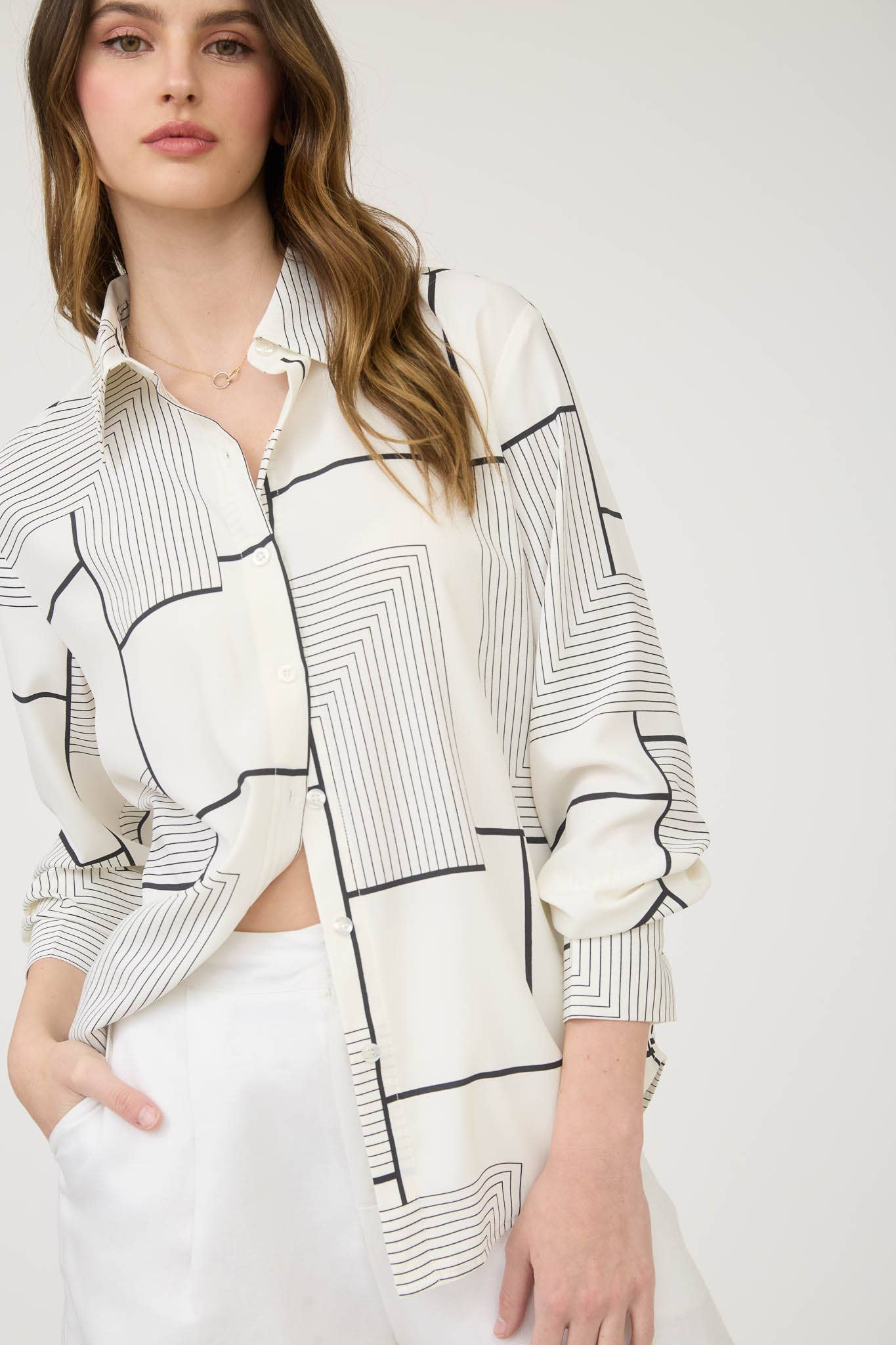 GEO PATTERN COLLARED LONG SLEEVE BUTTON DOWN SHIRT