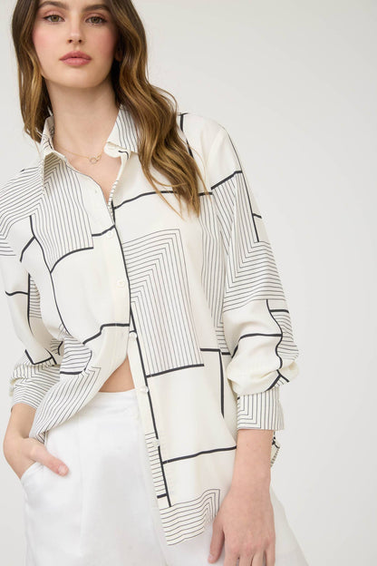 GEO PATTERN COLLARED LONG SLEEVE BUTTON DOWN SHIRT