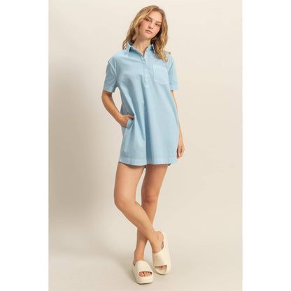 Half Button Up Short Sleeve Mini Dress (CREAM)