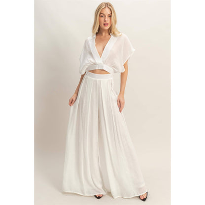 Collared Wrap Top & Wide-Leg Pants Set (White)