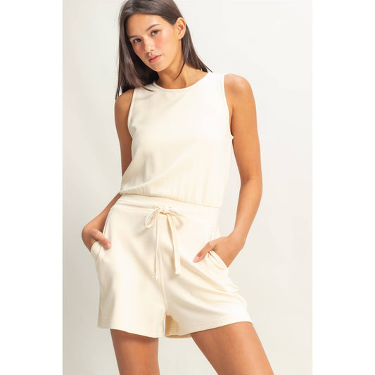 Drawstring Waist Sleeveless Romper (CREAM)