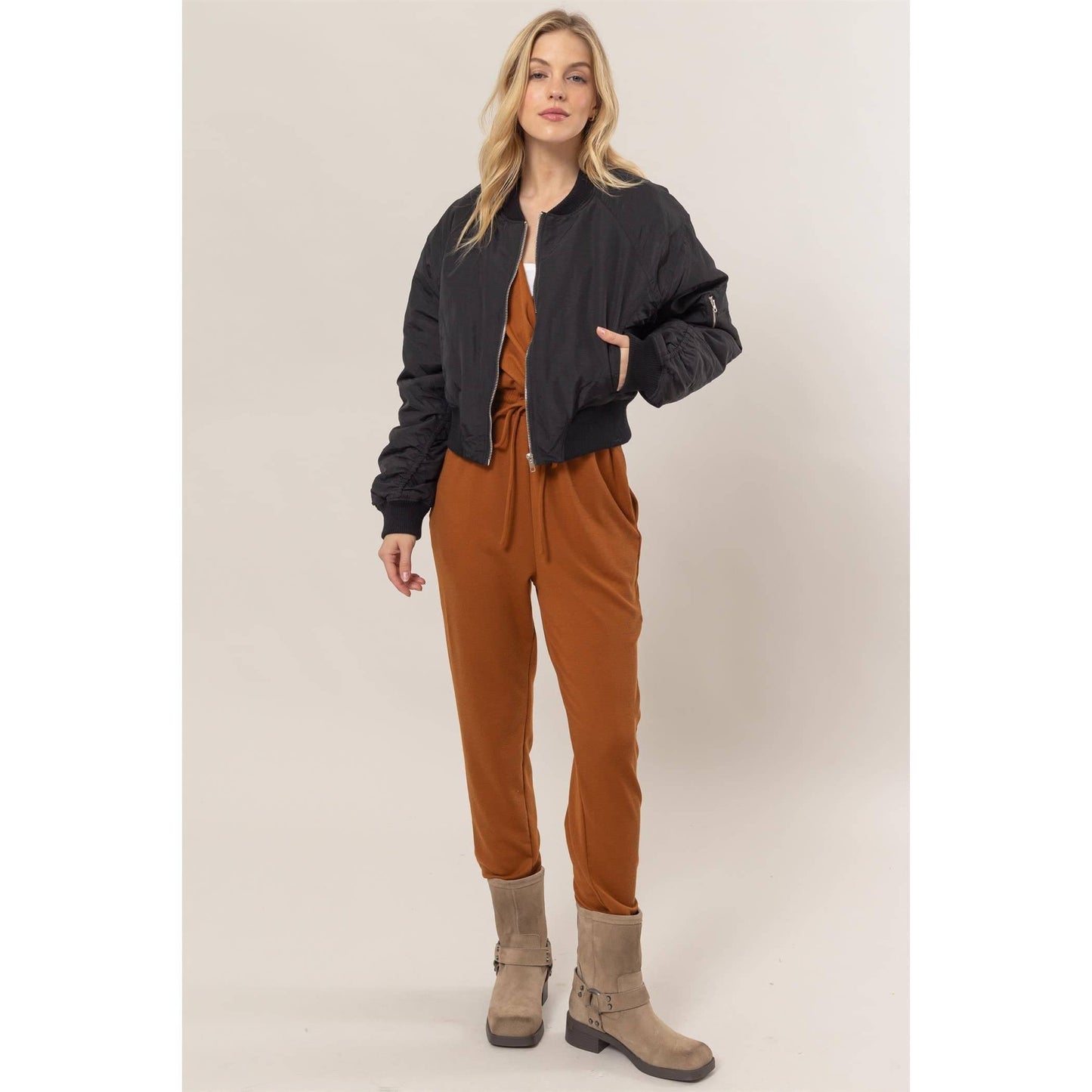 Ruched Bomber Puffer Jacket