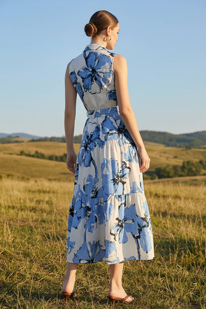 PRINTED SLEEVELESS LONG DRESS WITH BELT