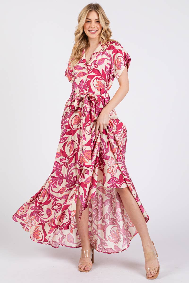 Short Sleeve Button-Down Maxi Dress