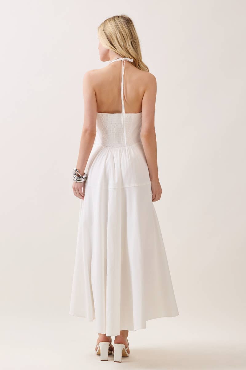 Solid Sleeveless Halter Maxi Dress (White)