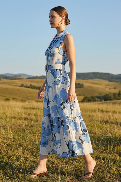 PRINTED SLEEVELESS LONG DRESS WITH BELT