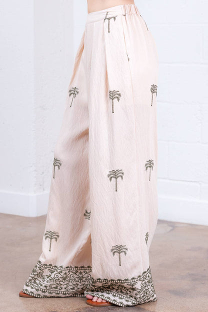 PALM TREE EMBO PLEATED LONG PANTS