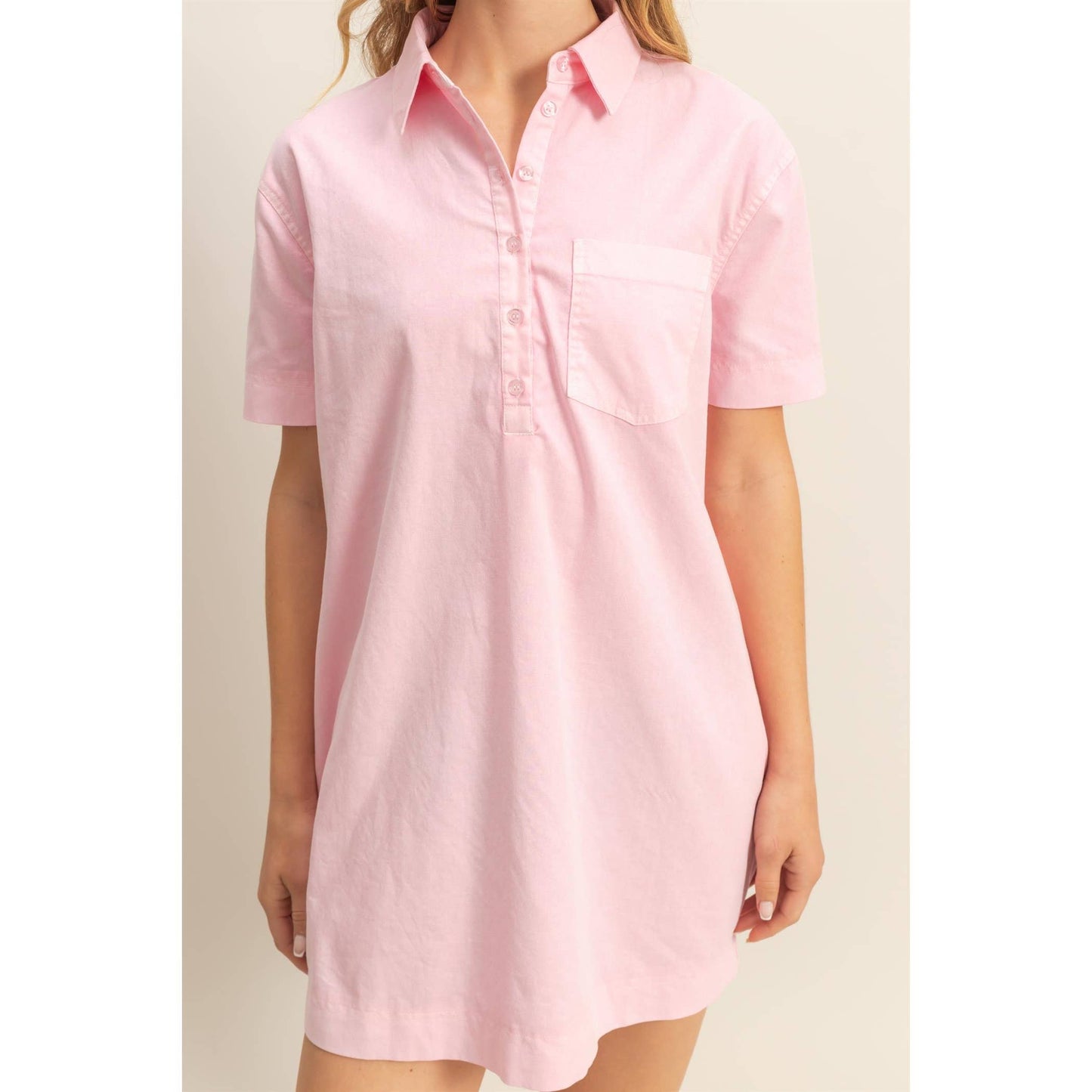 Half Button Up Short Sleeve Mini Dress (CREAM)