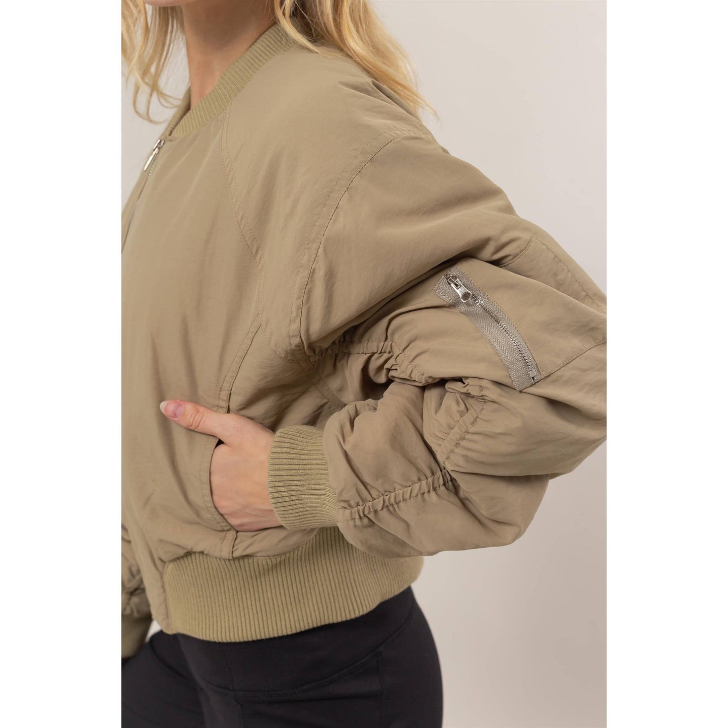 Ruched Bomber Puffer Jacket
