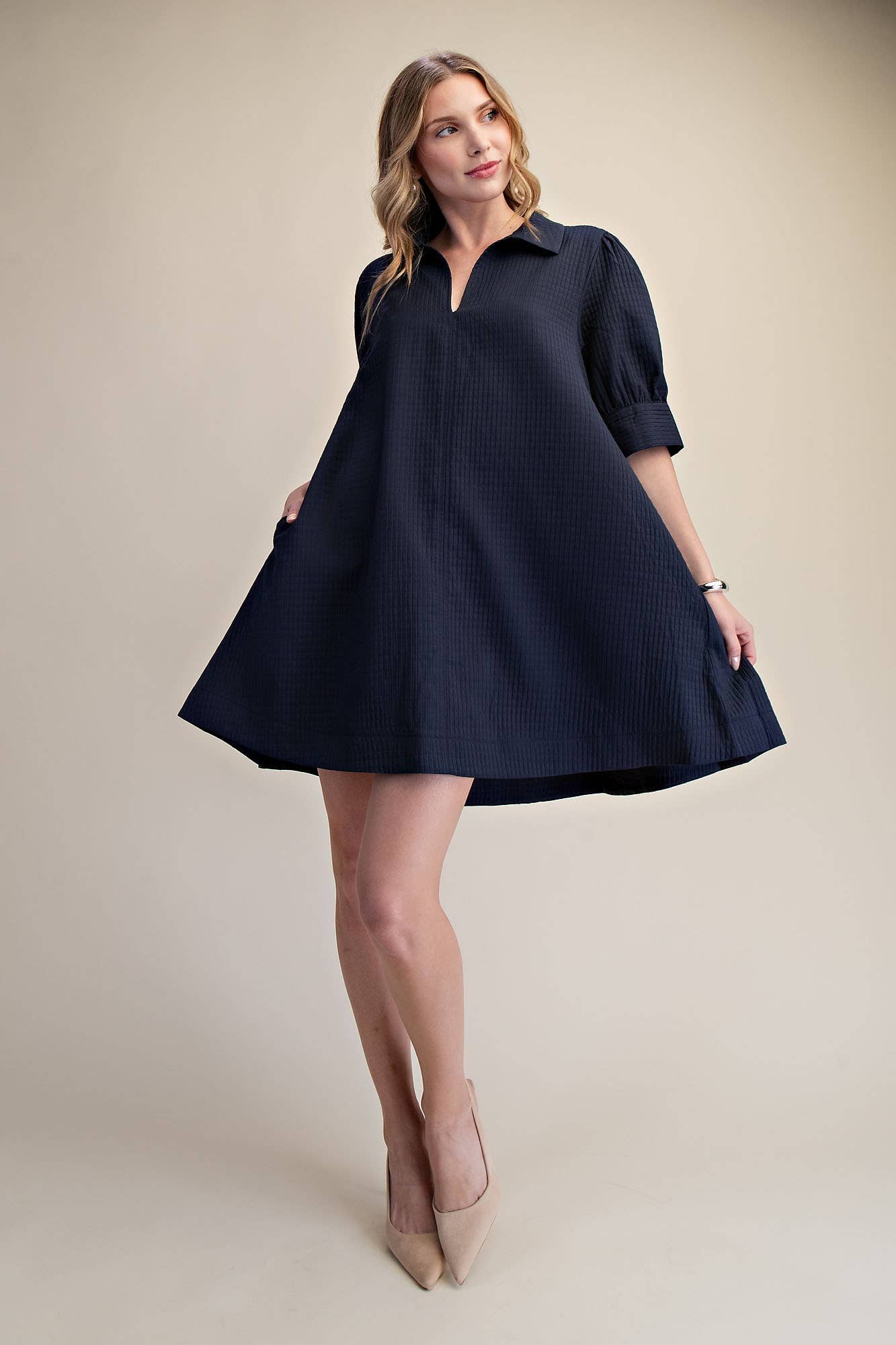 Mini Dress Collar Neck Puff-Sleeve (Navy)