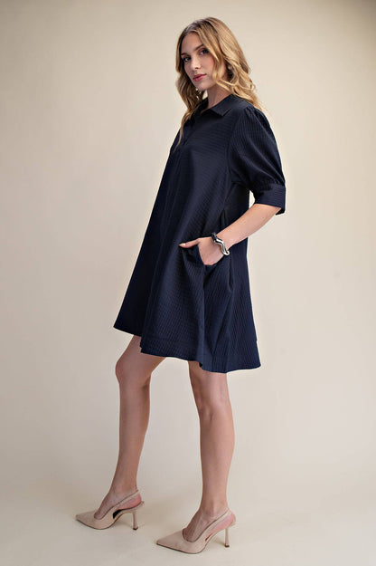 Mini Dress Collar Neck Puff-Sleeve (Navy)