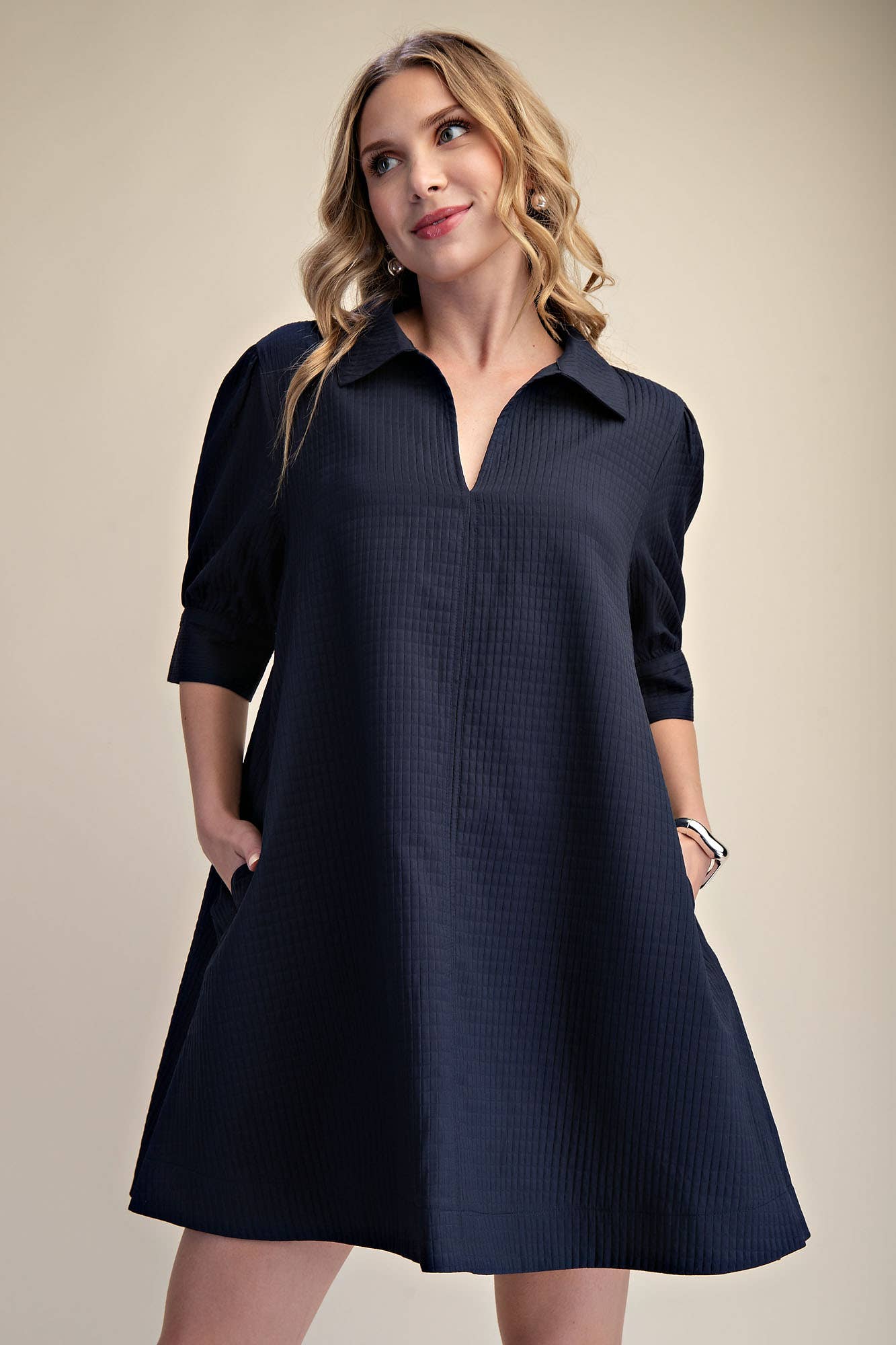 Mini Dress Collar Neck Puff-Sleeve (Navy)