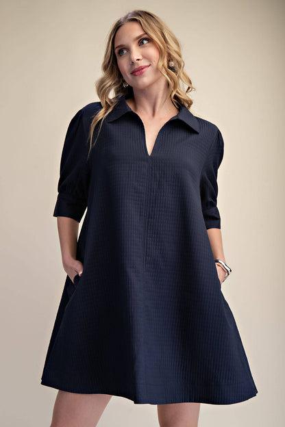 Mini Dress Collar Neck Puff-Sleeve (Navy)