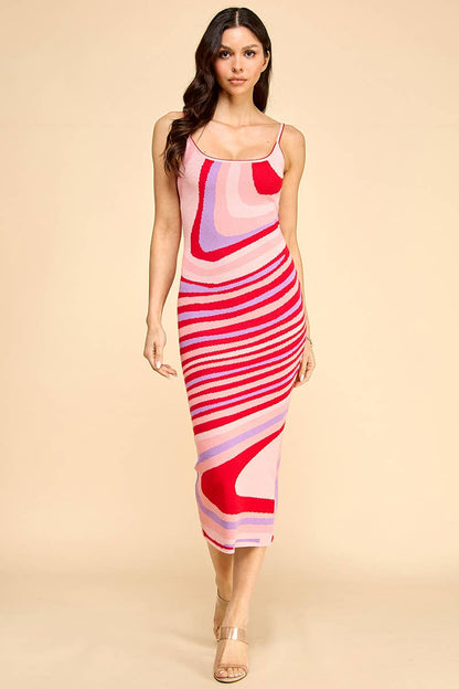 SPAGHETTI STRAP SWIRL KNITTED BODYCON MIDI DRESS (FUCHSIA)